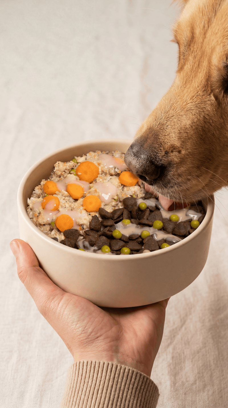 Owner reading a dog food bag label